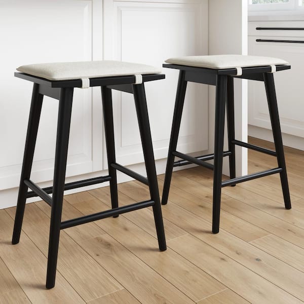 Nathan James Barker 25 in. Counter Height Wood Bar Stool w/ Upholstered Cushion, Backless Island Stool, Cream Boucle/Black, Set of 2
