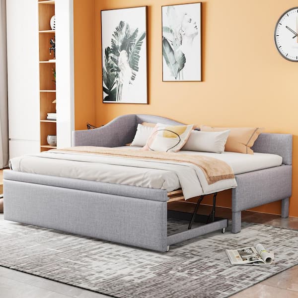 Grey Twin Daybed with L-Shaped Upholstered and Pop Up Trundle