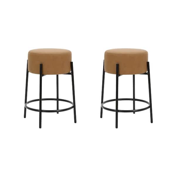 Isaac 24 in. Modern Counter Height Bar Stool with Padded Faux Leather Seat, Light Brown/Black, Set of 2