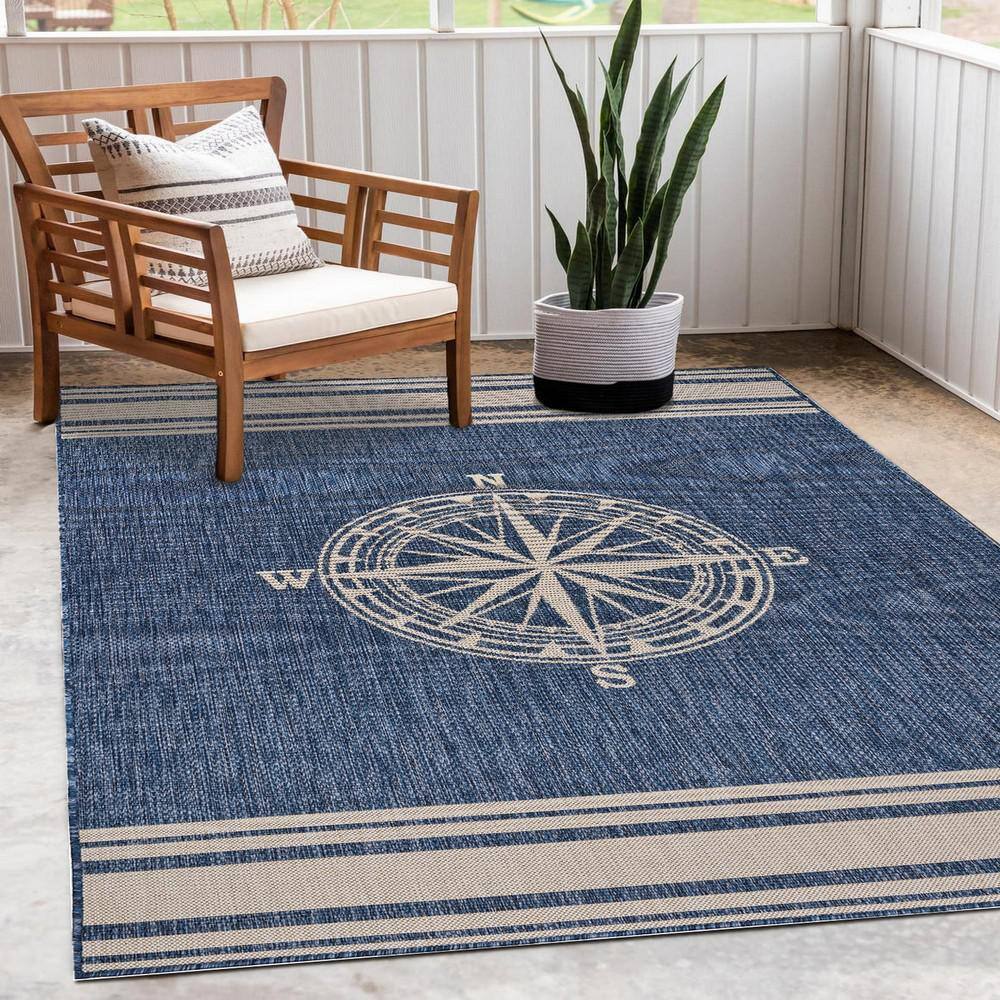 Nautical Blue and White Compass Stripe Indoor/Outdoor Rug
