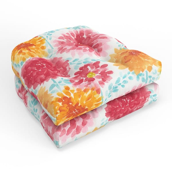 Pillow Perfect Bright Floral 19 in. W x 5 in. D Outdoor Square Tufted Wicker Seat Cushion 2 Count 19 in. x 19 in. Pink Gardenia Bloom