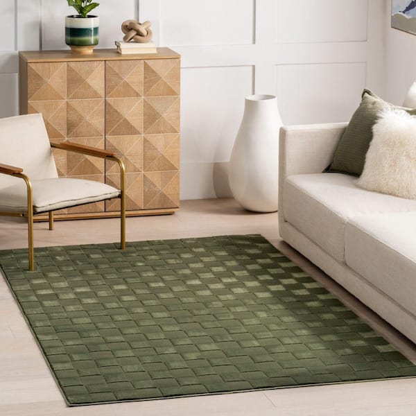 Alaiya Checkered Machine Washable Green 3 ft. x 5 ft. Modern Area Rug