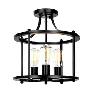 13 in. 3-Light Black Farmhouse Semi Flush Mount Ceiling Light Fixture, Vintage Ceiling Mount for Dining Room and Hallway