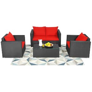 Black 4-Pieces Wicker Patio Rattan Conversation Set Sectional Sofa and Coffee Table with Red Cushions
