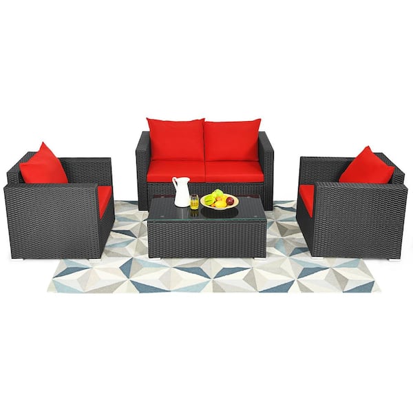 HONEY JOY Black 4-Pieces Wicker Patio Rattan Conversation Set Sectional Sofa and Coffee Table with Red Cushions