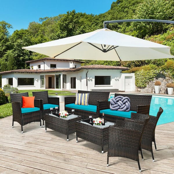 Costway 8-Piece Wicker Patio Conversation Set with Blue Cushions