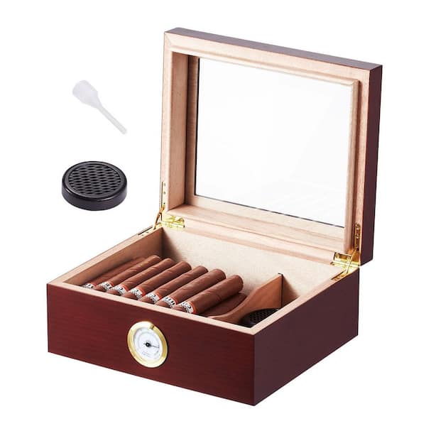 Cigar Humidor, Glass Top Cigar Humidor Box, Handmade Spanish Cedar Wood Cigar Desktop Box, 30-50 Cigars, Great Gift