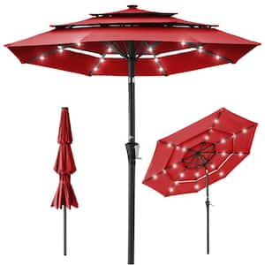10 ft. 3-Tier Market Solar Patio Umbrella with Tilt Adjustment, 8 Ribs and 24 LED Lights in Red