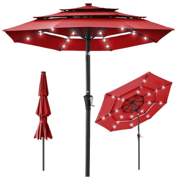 Angel Sar 10 ft. 3-Tier Market Solar Patio Umbrella with Tilt Adjustment, 8 Ribs and 24 LED Lights in Red