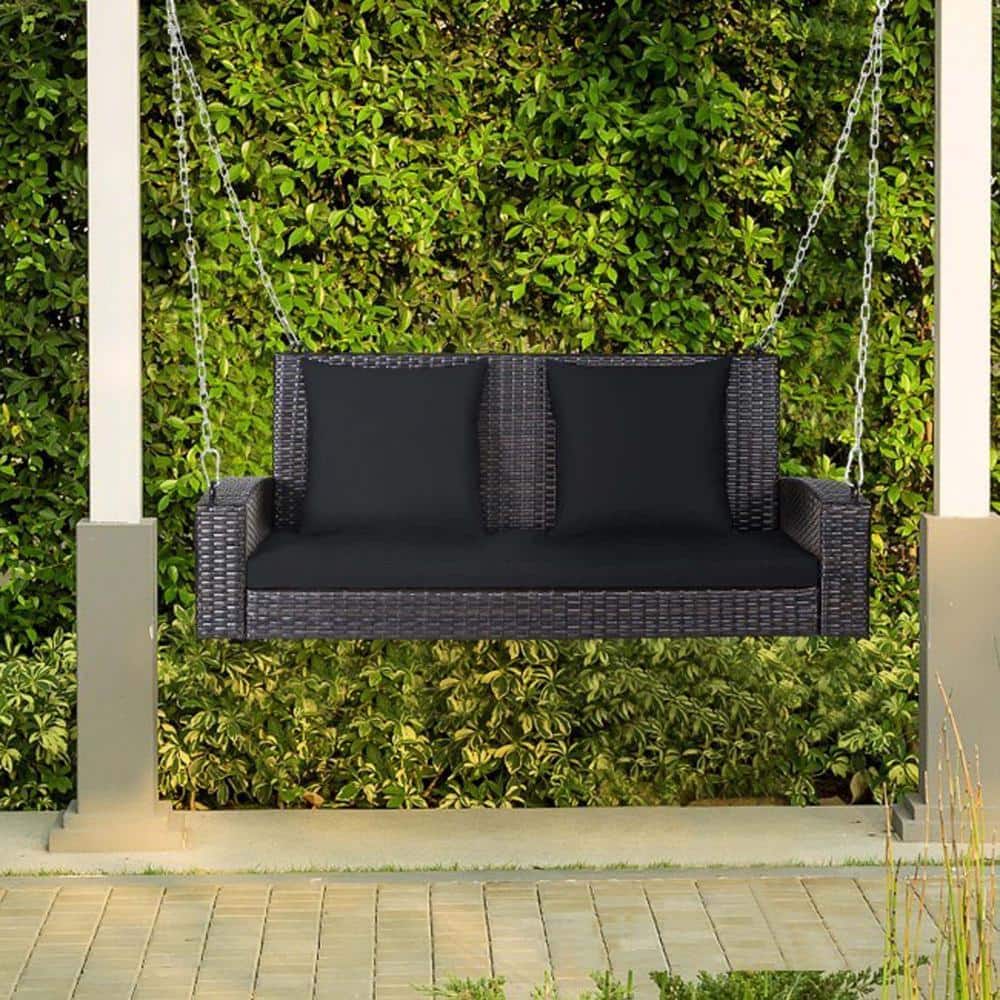 Zeus & Ruta 2Person Black Metal Patio Rattan Porch Swing with Cushions