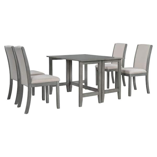 Unbranded Farmhouse 5-Piece Rectangle Gray and Beige Wood Top Extendable Dining Table Set Seats- 4