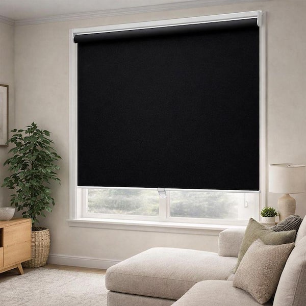 Black Cordless Blackout Polyester Fabric Roller Shades with Spring