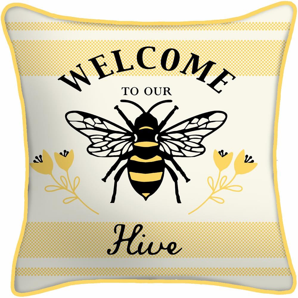 Welcome to Our Hive Yellow and Multicolor Reversible Square Outdoor Pillow