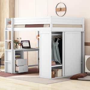 White Full Size Wood Loft Bed with Wardrobe, 2-Drawer Desk and Cabinet