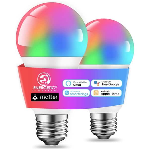 ENERGETIC LIGHTING 60-Watt Equivalent A19 Matter Smart E26 LED Light Bulb, RGB, 27K-65K, Alexa/Google/Homekit/SmartThings (2-Pack)