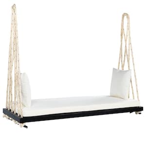 63 in. W Black Wood Ropes Patio Outdoor Porch Swing Hanging Chair with White Cushion, for Balcony