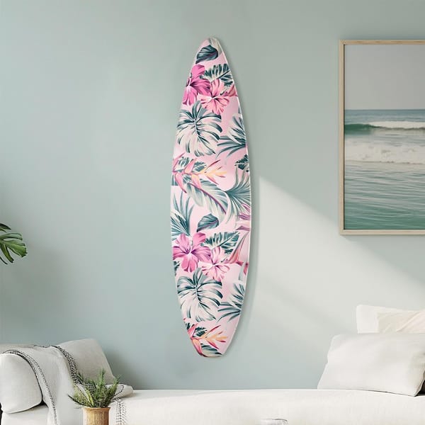 Surfboard 15 in. x 59.5 in. Pinks,Greens,White Tropical Hibiscus Floral & Monstera Beach Shore Decor by AAD MDF Wall Art