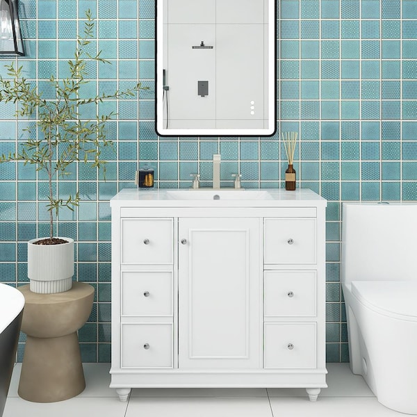 Staykiwi 36 in. W x 18 in. D x 34 in. H Freestanding Bath Vanity in White with White Cultured Marble Top