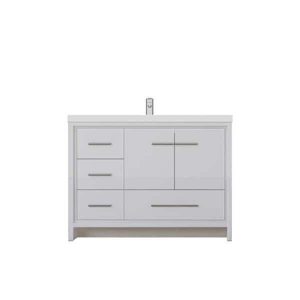 Alya Bath Sortino 42 in. W x 19 in. D x 36 in. H Modern Bath Vanity with Left Side Drawers in White with White Solid Surface Top