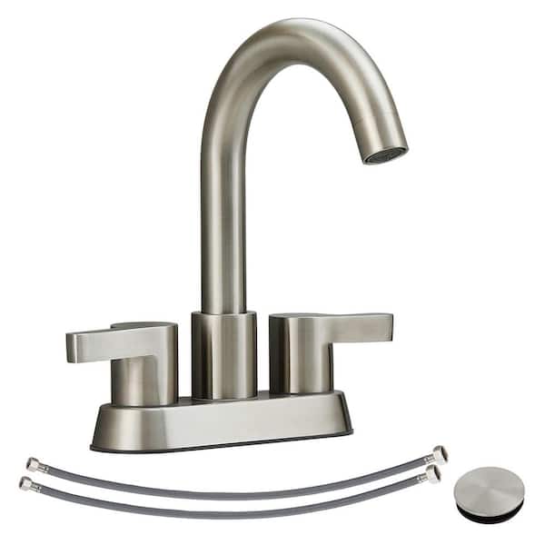 WELLFOR 4 in. Centerset Double Handle Bathroom Faucet with Pop-up Drain and Supply Lines in Brushed Nickel