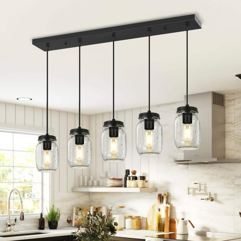 GoYeel 5-Light Matte Black Farmhouse Mason Jar Linear Hanging Kitchen ...