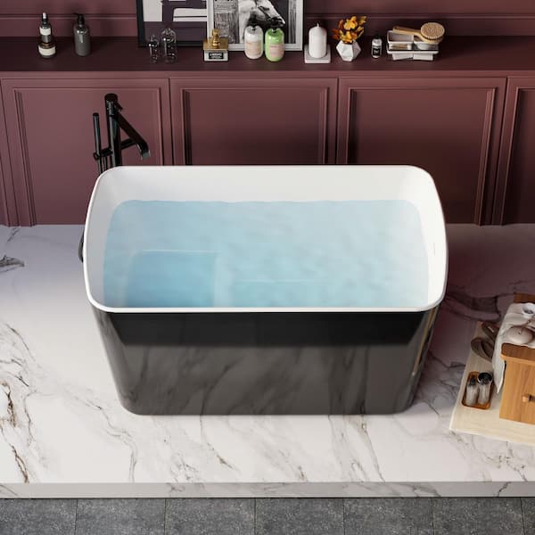 49 in. x 28 in. Freestanding Acrylic Soaking Bathtub with Built-in Seat & Flatbottom Design in Glossy Black