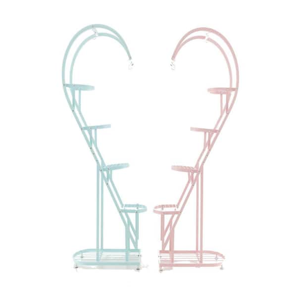 58in. H x27 in. W x 12 in. D Indoor Blue 5-Tier Metal Plant Stand, Heart-shaped Plant Shelf Tiered with 4 Hanging Hooks