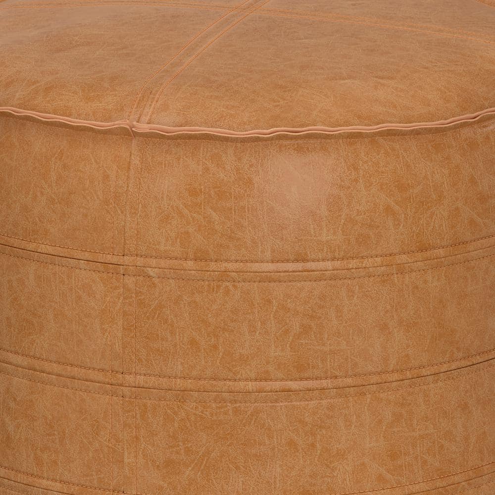 Brody 20" Round Distressed Brown Vegan Faux Leather Pouf