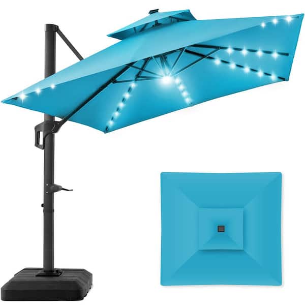 Best Choice Products 10 ft. Solar LED 2-Tier Square Cantilever Patio Umbrella with Base Included in Sky Blue