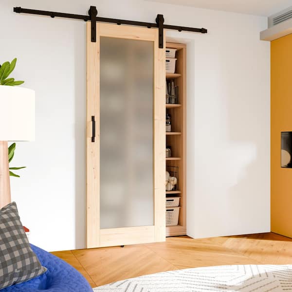 TENONER 30 in. x 80 in. Full Lite Frosted Glass Solid Wood Light Brown Sliding Barn Door Slab with Hardware Kit Set