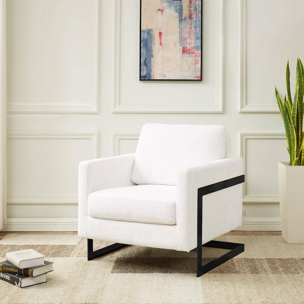 Modern Geometric Accent Chair Upholstered Boucle Side Armchair with Black Stainless-Steel Base Lincoln Series in White