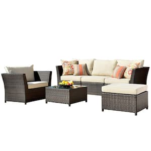 Rimaru 6-Piece Wicker Outdoor Patio Conversation Seating Set with Beige Cushions