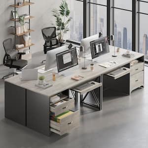 55 in. Rectangular Retro Grey Oak Light Office Desk with Storage File Drawers and Keyboard Tray