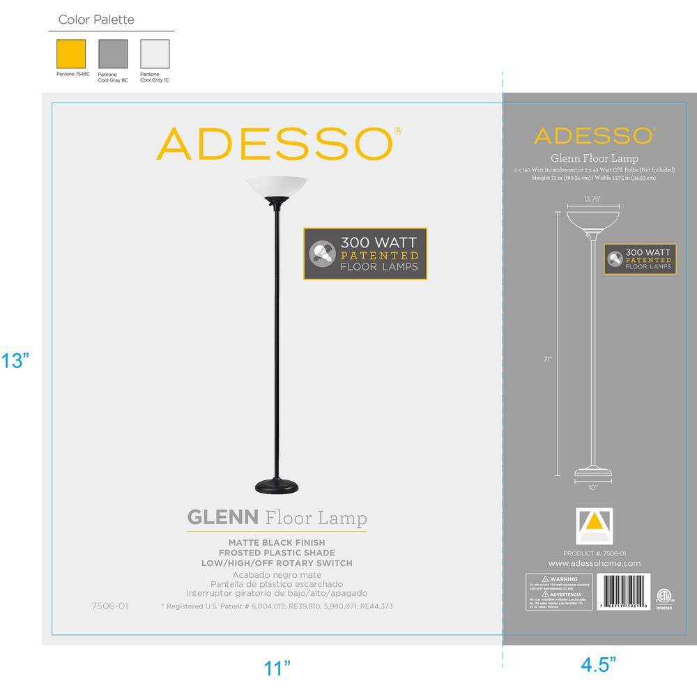 Matte Black 71" Torchiere Floor Lamp with Frosted Shade