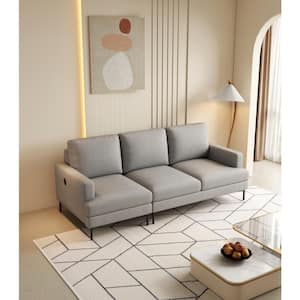 77 in. W Straight Arm Genuine Leather Rectangle Sofa in Gray with USB Chargers