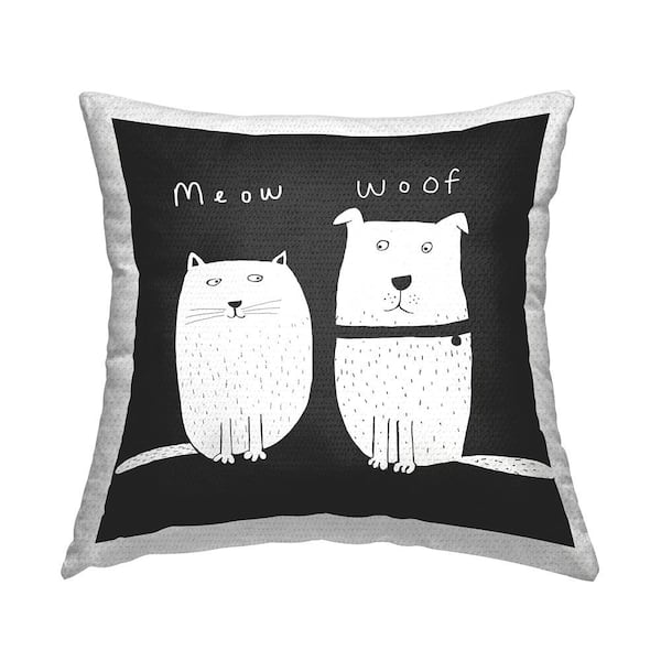 Meow Woof Whimsical Cat and Dog Black Square Outdoor Throw Pillow