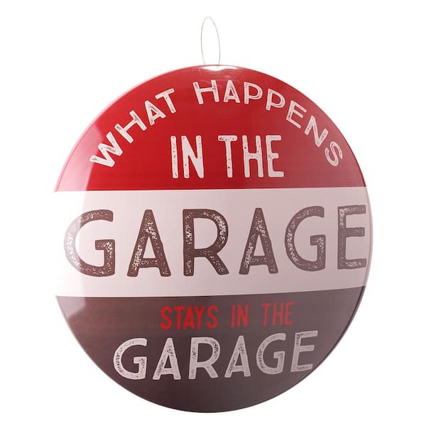 American Art Decor Dome Shaped Metal Wall Art Sign-Man Cave, Garage, Mechanic Shop (What Happens in the Garage)Multi-colored, 15" H x 15" L