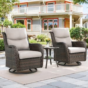 3-Piece Brown Swivel Glider Wicker Outdoor Rocking Chair with Beige Cushions and Side Table