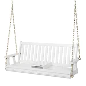 5 ft. White Wood Patio Porch Swing with Cup Holder and Adjustable Chains, Support 880 lbs. Durable PU Coating