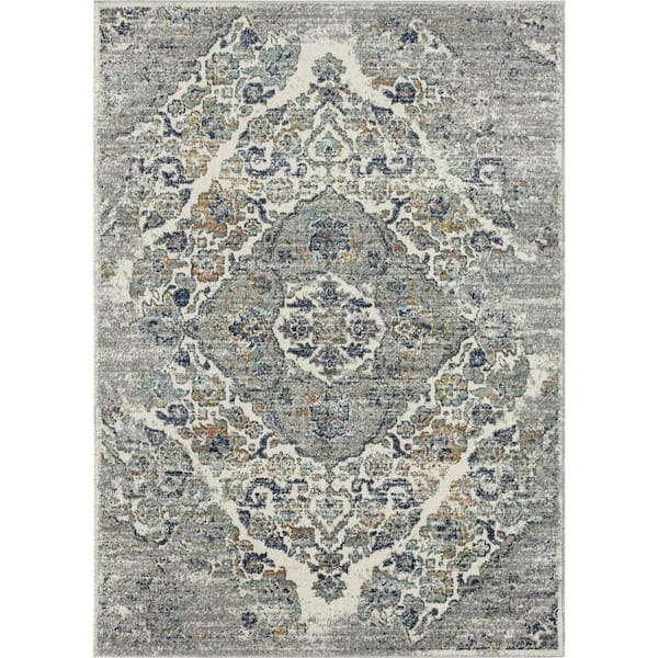 Unbranded Victoria Collection Distressed Steel 4x5 Oriental Floral Polypropylene Area Rug