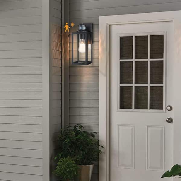 12.65 in. H 1-Light Black Motion Sensing Dusk to Dawn Outdoor Hardwired Wall Lantern Scone with No Bulbs Included