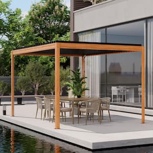 10 ft. x 13 ft. Wood Grain Aluminum Frame Outdoor Patio Louvered Pergola with Adjustable Shade Roof