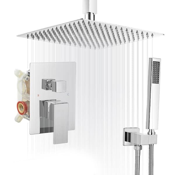 BWE Single Handle 2-Spray Square High Pressure Shower Faucet with 12" Ceiling Shower Head in Chrome (Valve Included)