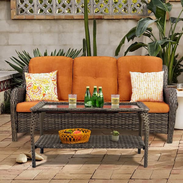 JOYSIDE Wicker Outdoor Patio 3 Seat Sofa Couch with Orange Cushion
