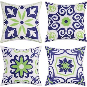 18 in. x 18 in. Outdoor Waterproof Throw Pillow Covers Set of 4Floral Printed & Boho Farmhouse Outdoor Pillow Navy Blue