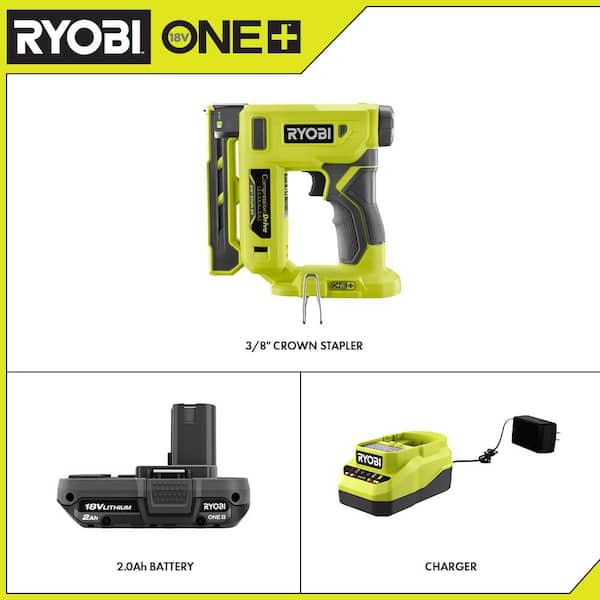 ONE+ 18V Cordless Compression Drive 3/8 in. Crown Stapler and 2.0 Ah Compact Battery and Charger Starter Kit