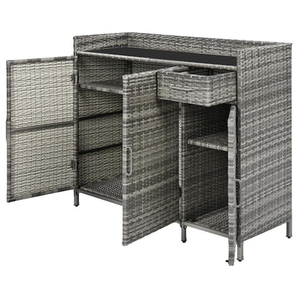 Tenleaf 47.50 in. W x 15.80 in. D x 39.50 in. H Gray Wicker Outdoor Storage Cabinet Bar Table with Adjustable Shelf