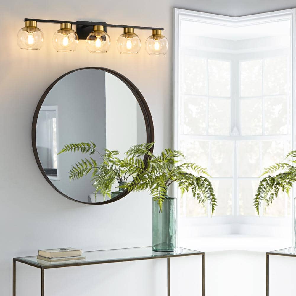 37.43 in. Black and Gold 5-Light Vanity Light with Glass Shades