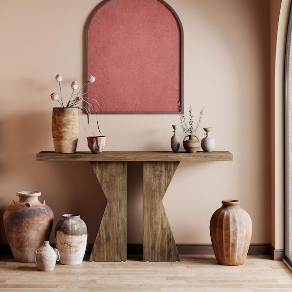BYBLIGHT Turrella 55.12 in. Espresso Farmhouse Entry Table with K-Shaped Legs Rustic Narrow Rectangle Wood Console Table