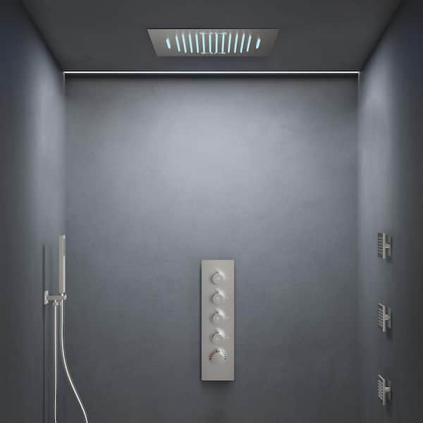 AuroraCascade LED Shower System 15-Spray Ceiling Mount 20 in. Fixed 3 Jets Handheld 2.5 GPM in Brushed Nickel